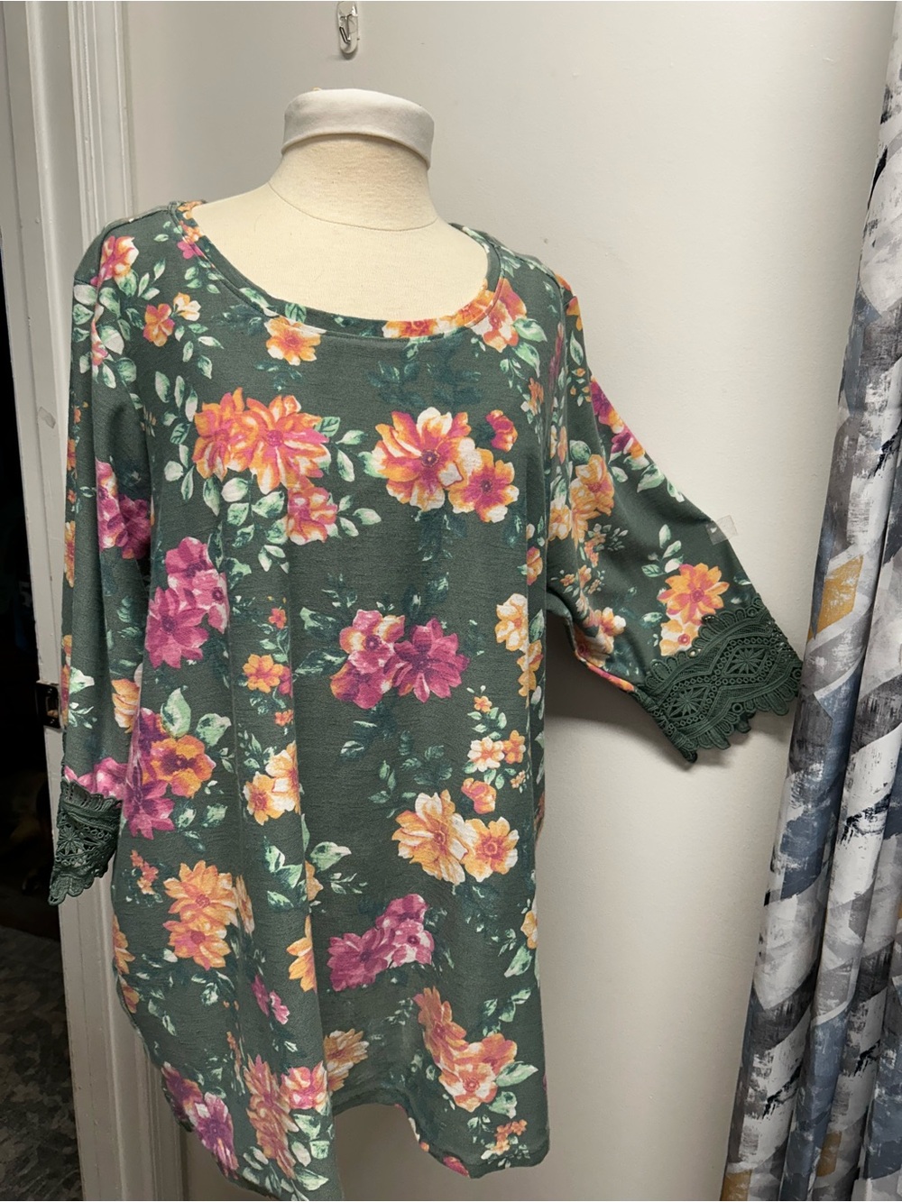 Woman Within Green Floral Scoop-Neck Tunic with Lace Trim